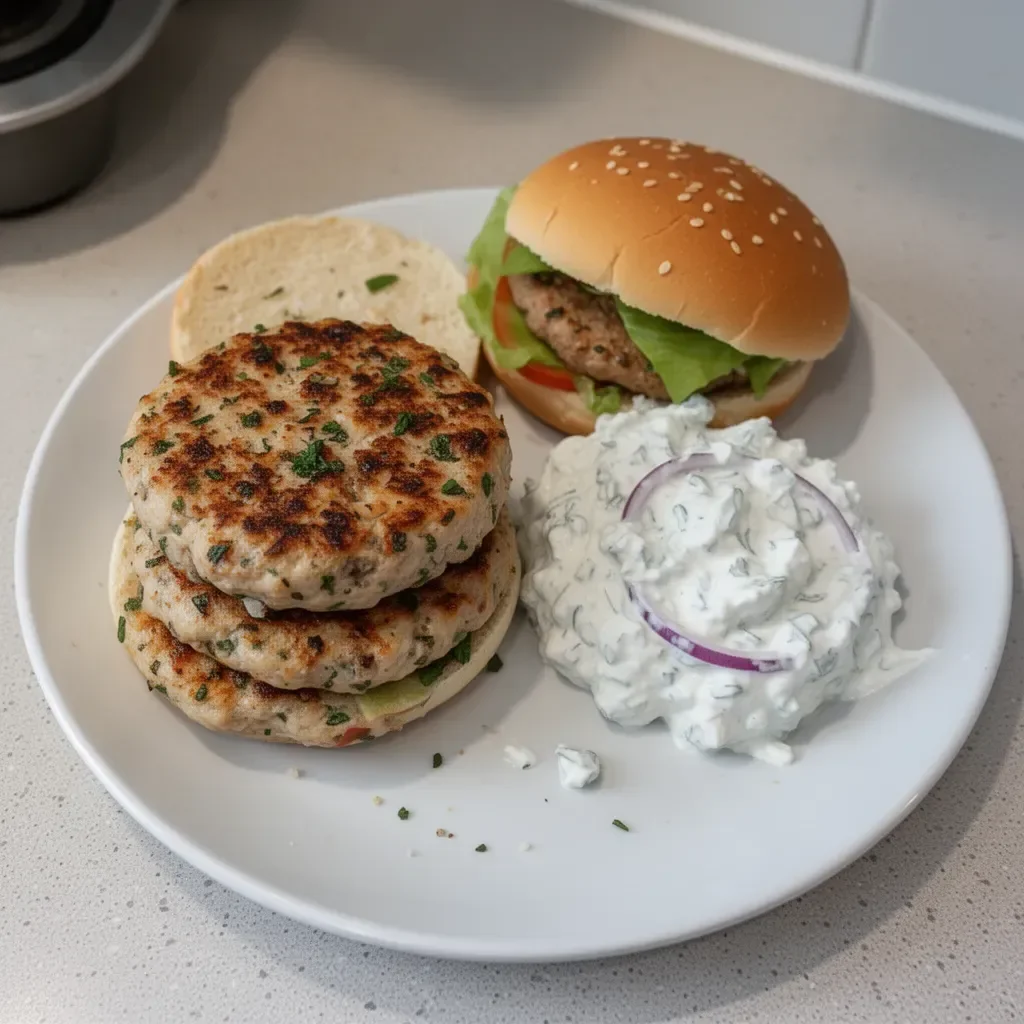 Juicy Greek chicken burgers served with a side of tzatziki sauce