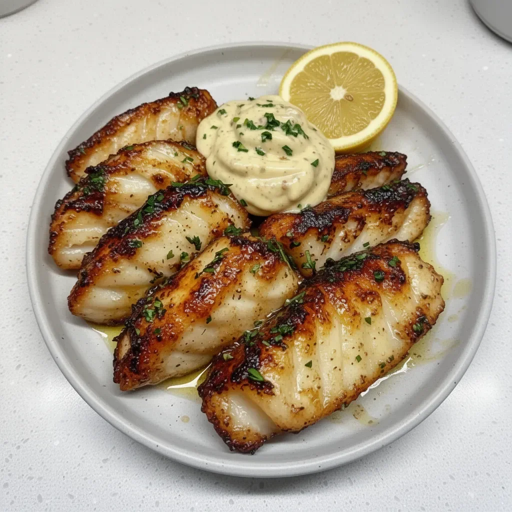 Lemon Butter Fish Bites served with garlic aioli on a plate