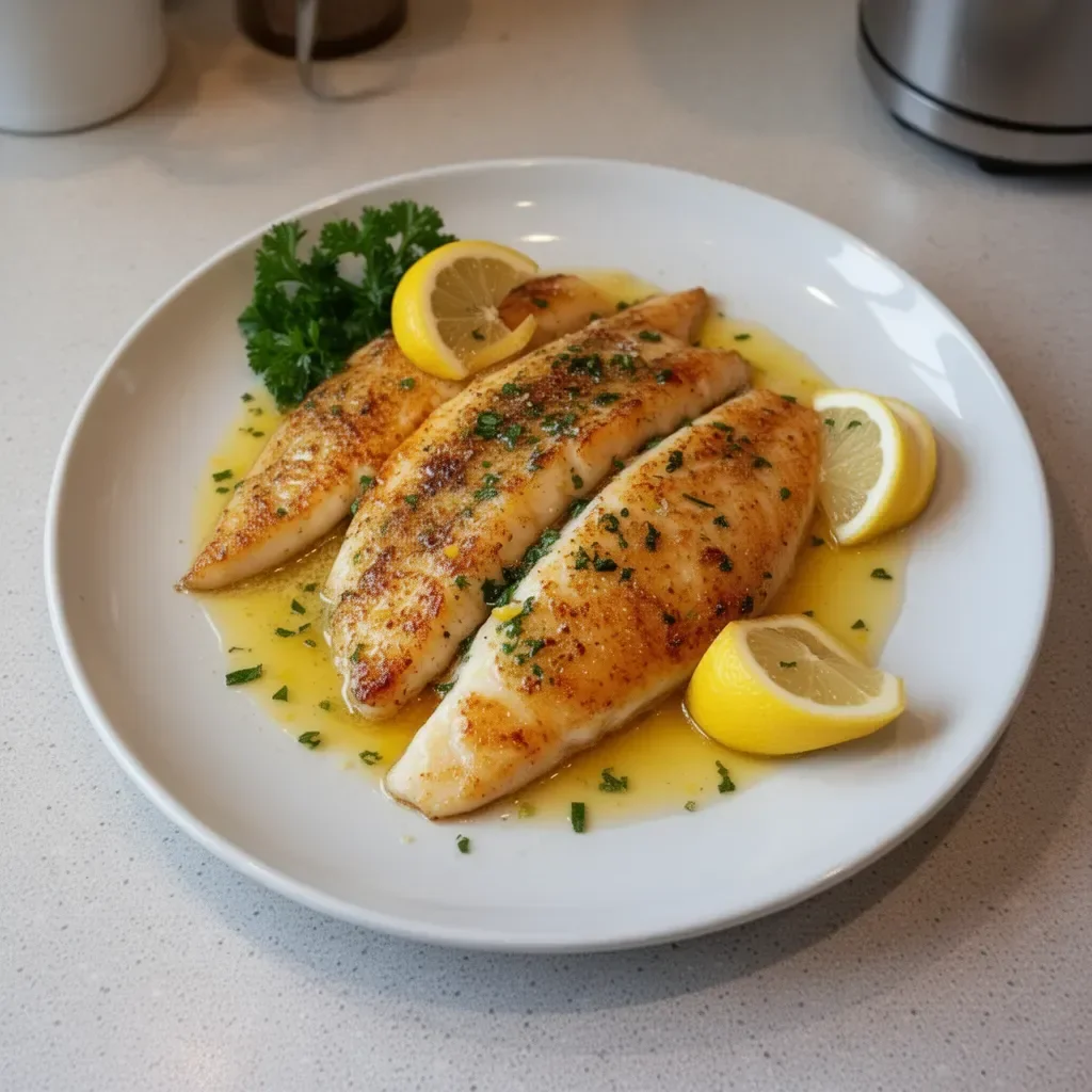 Lemon Butter Fish fillet garnished with herbs and lemon slices on a plate