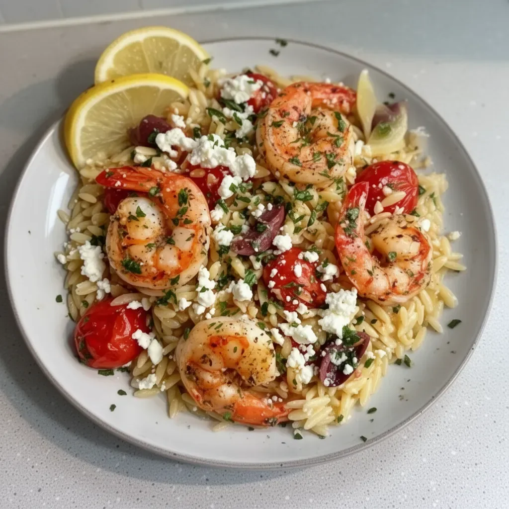 Lemon Feta Orzo Shrimp dish served on a plate with vibrant colors and garnishes