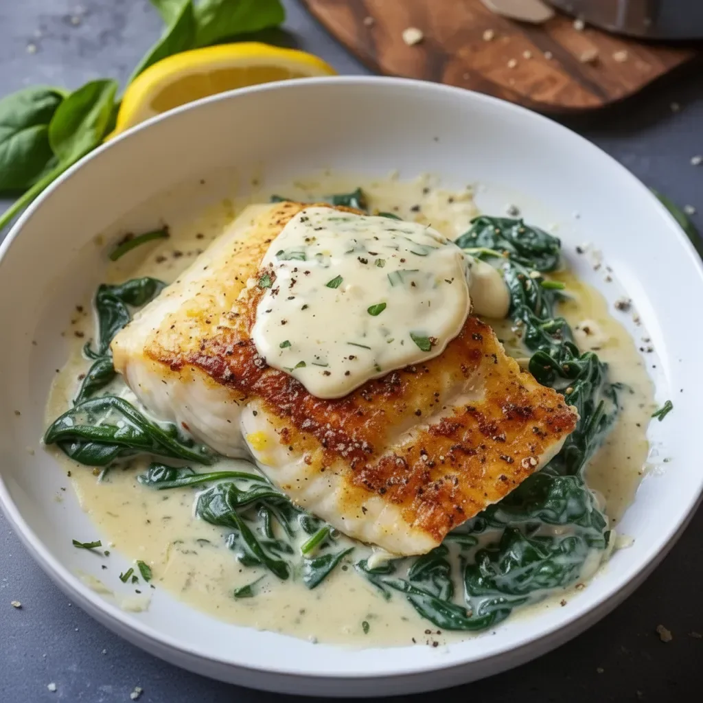 Lemon-garlic sea bass garnished with creamed spinach on a plate