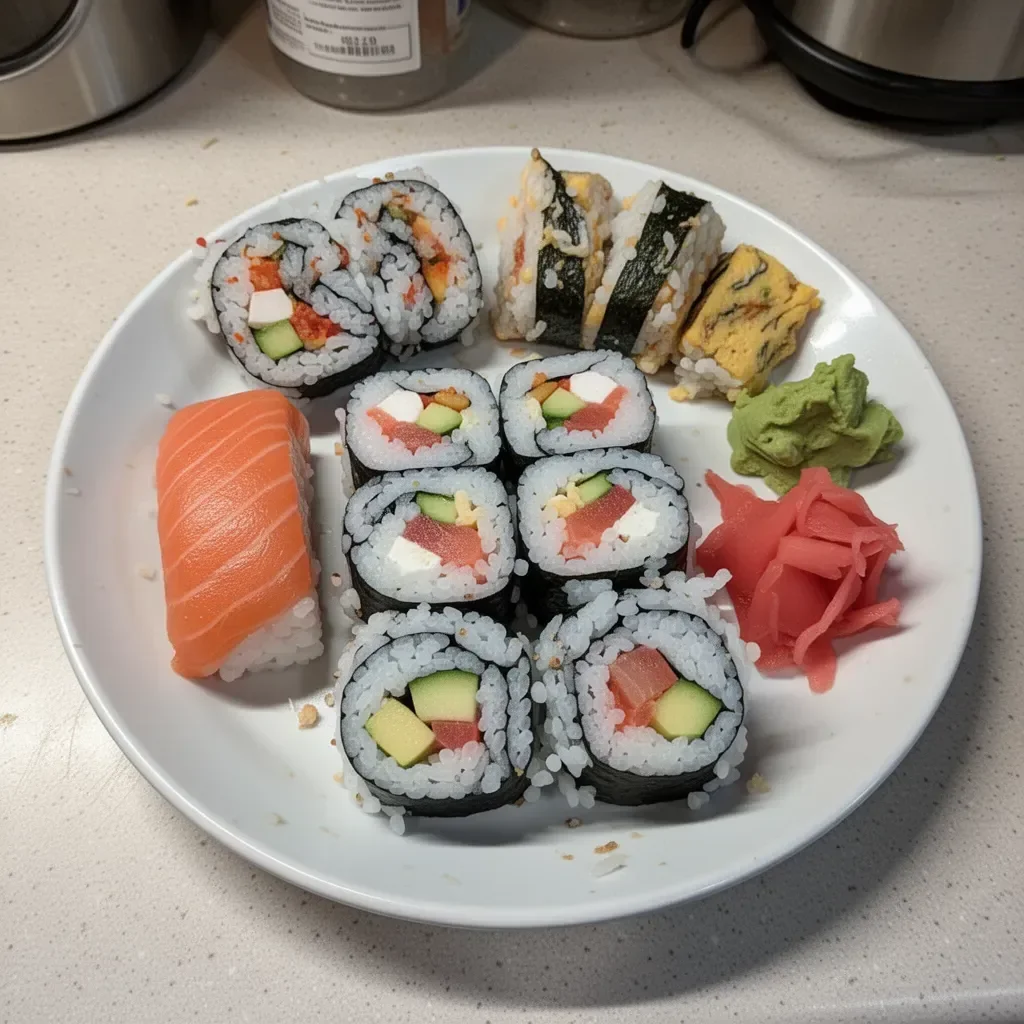 Homemade sushi preparation with fresh ingredients and tools.