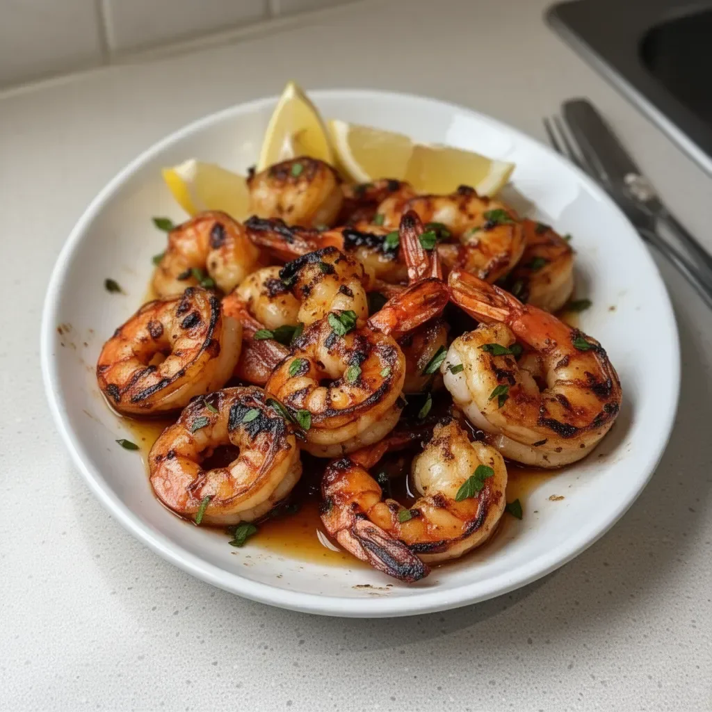 Delicious marinated grilled shrimp on a platter ready to serve.