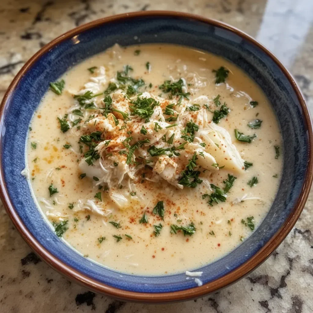 A bowl of Maryland-Style cream of crab soup with crab meat and spices.