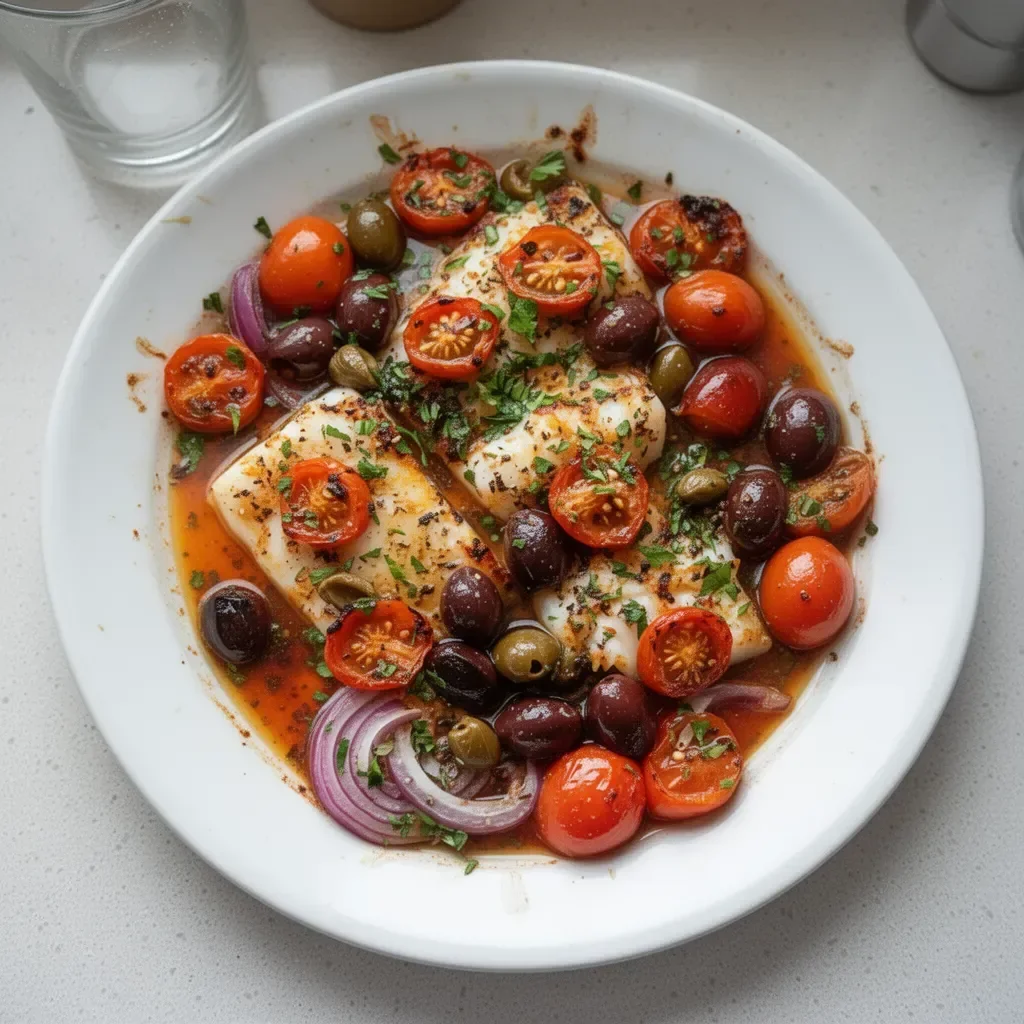 Mediterranean baked cod with herbs and lemon on a serving plate