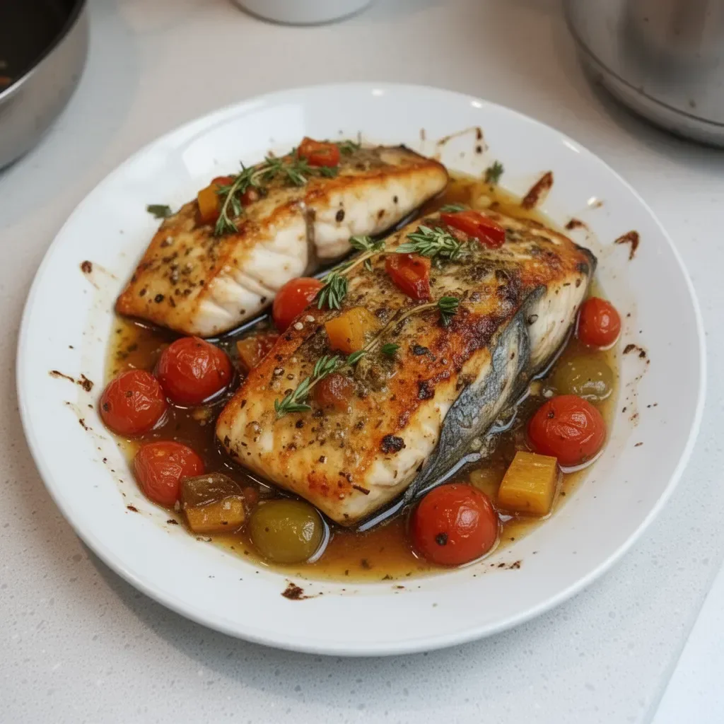 Delicious Mediterranean baked fish garnished with herbs and lemons