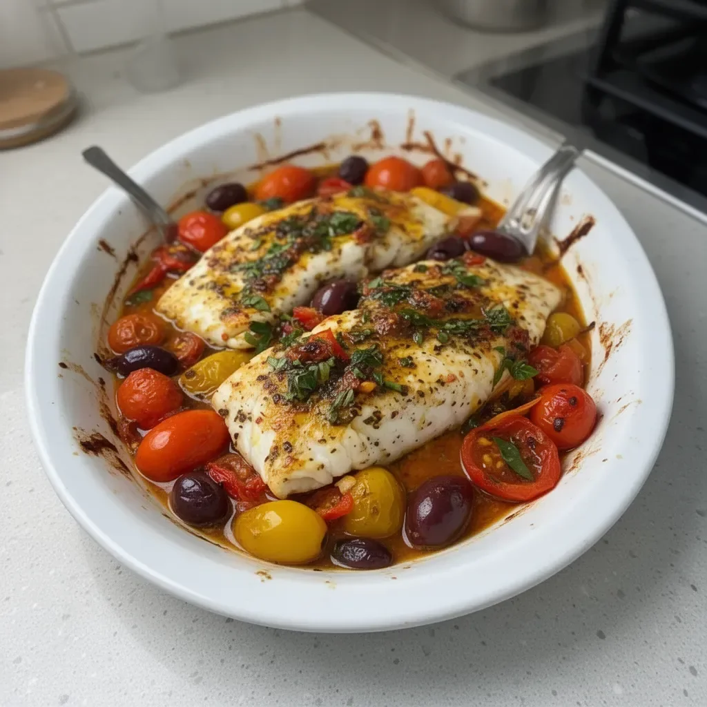 Mediterranean baked fish served with herbs and lemons