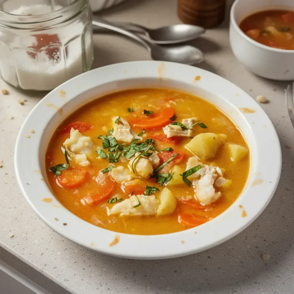 Delicious Mediterranean fish stew garnished with fresh herbs and vegetables.