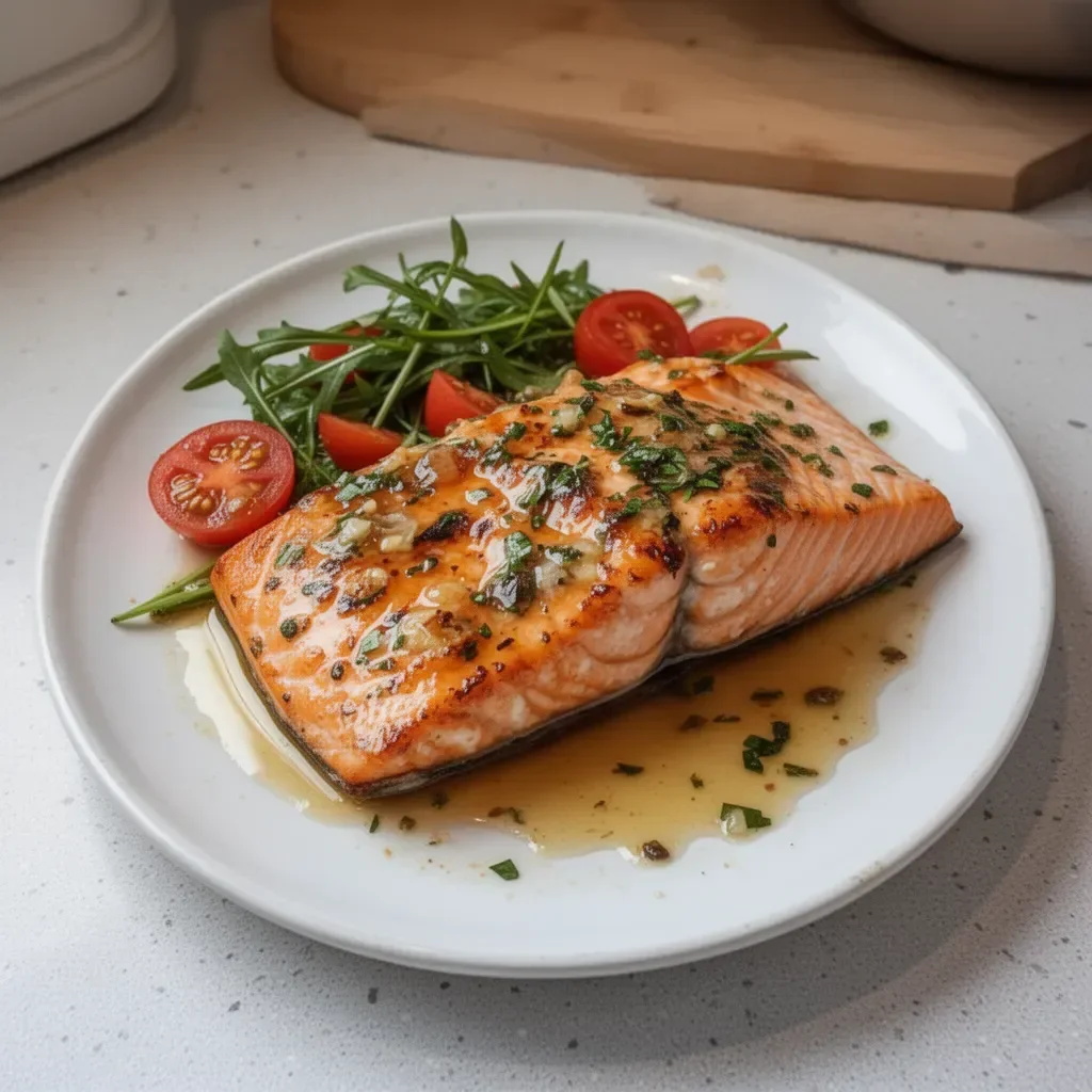 Grilled Mediterranean Salmon with herbs and vegetables on a platter