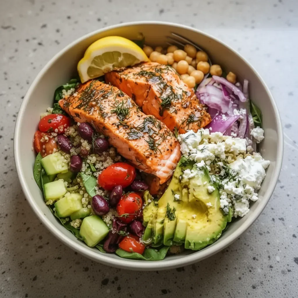 A delicious Mediterranean Salmon Bowl garnished with colorful vegetables and herbs.