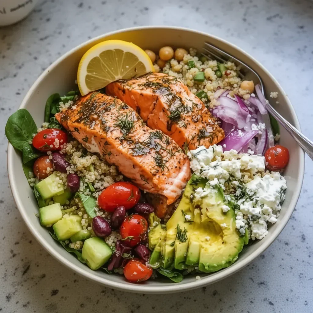 Mediterranean salmon bowl topped with fresh vegetables and herbs