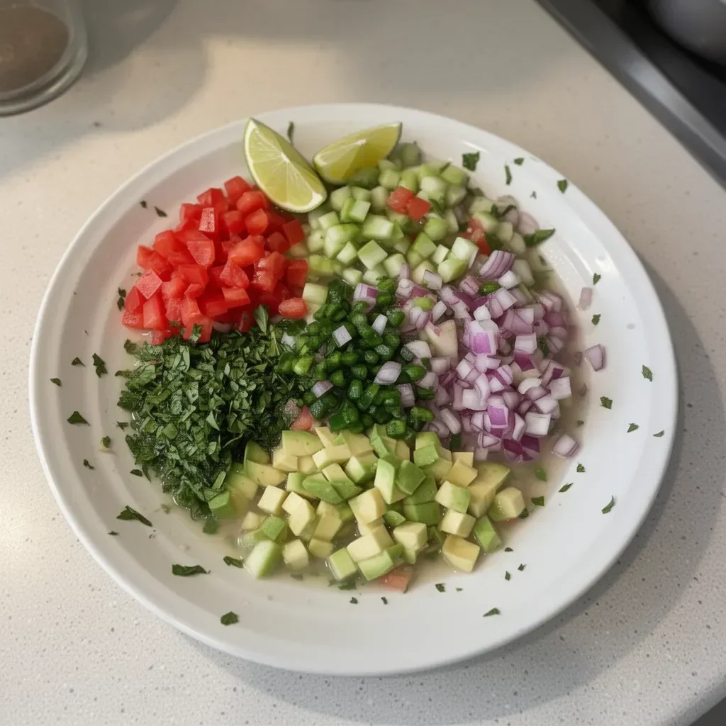 Colorful Mexican Ceviche with fresh fish, avocado, and cilantro served in a bowl