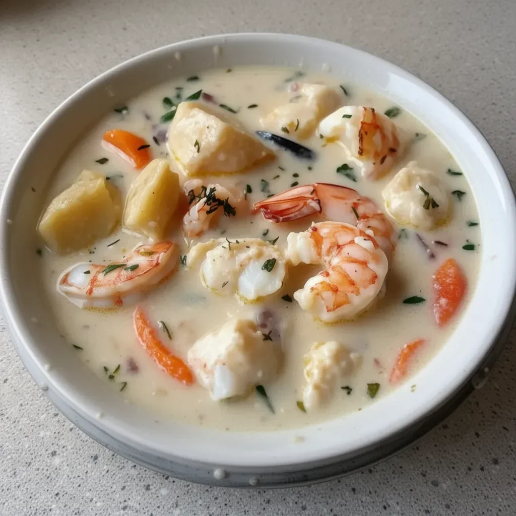 Bowl of Nova Scotia Seafood Chowder with fresh seafood ingredients