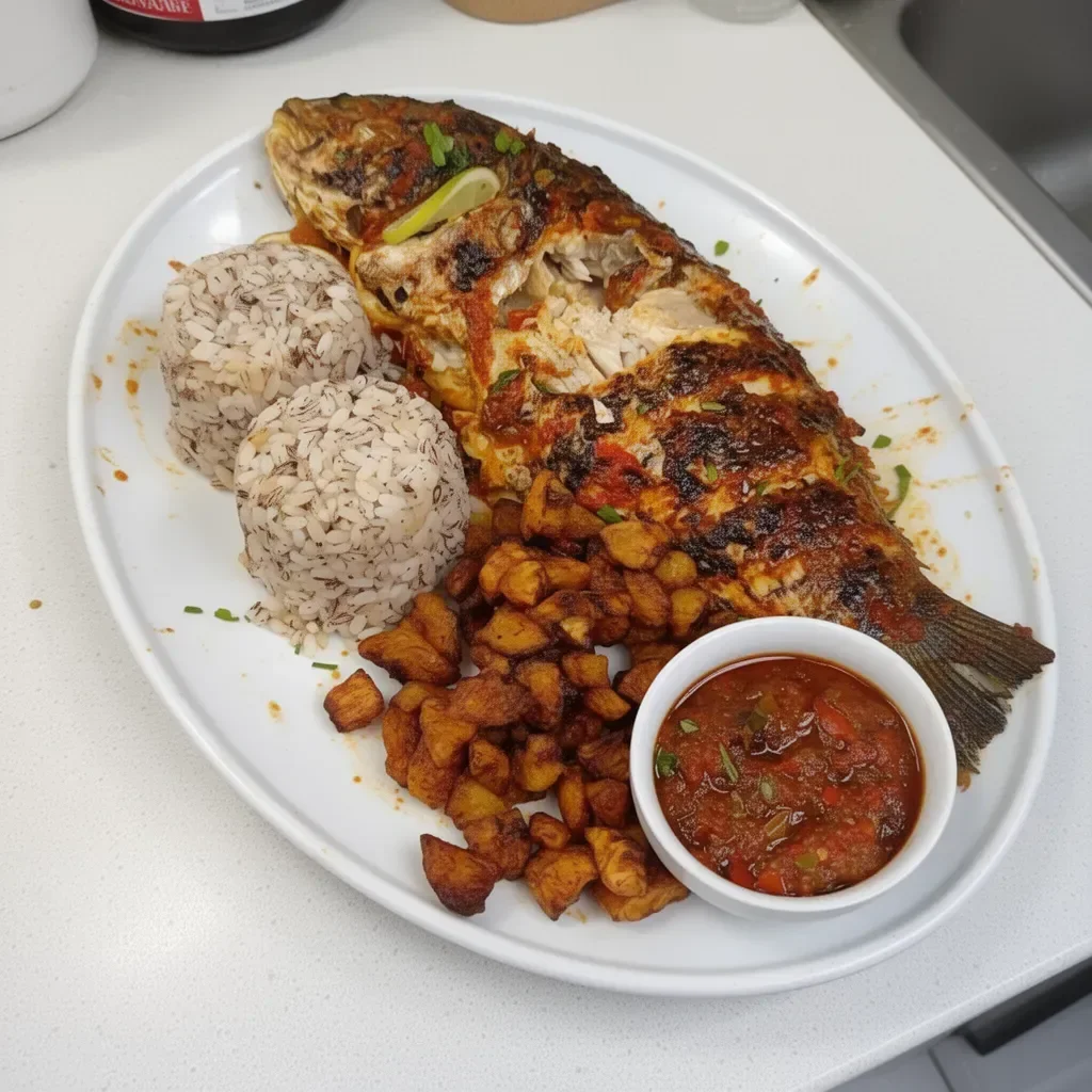 Plate of Ofada Sauce served with fish and rice, showcasing traditional Nigerian cuisine.