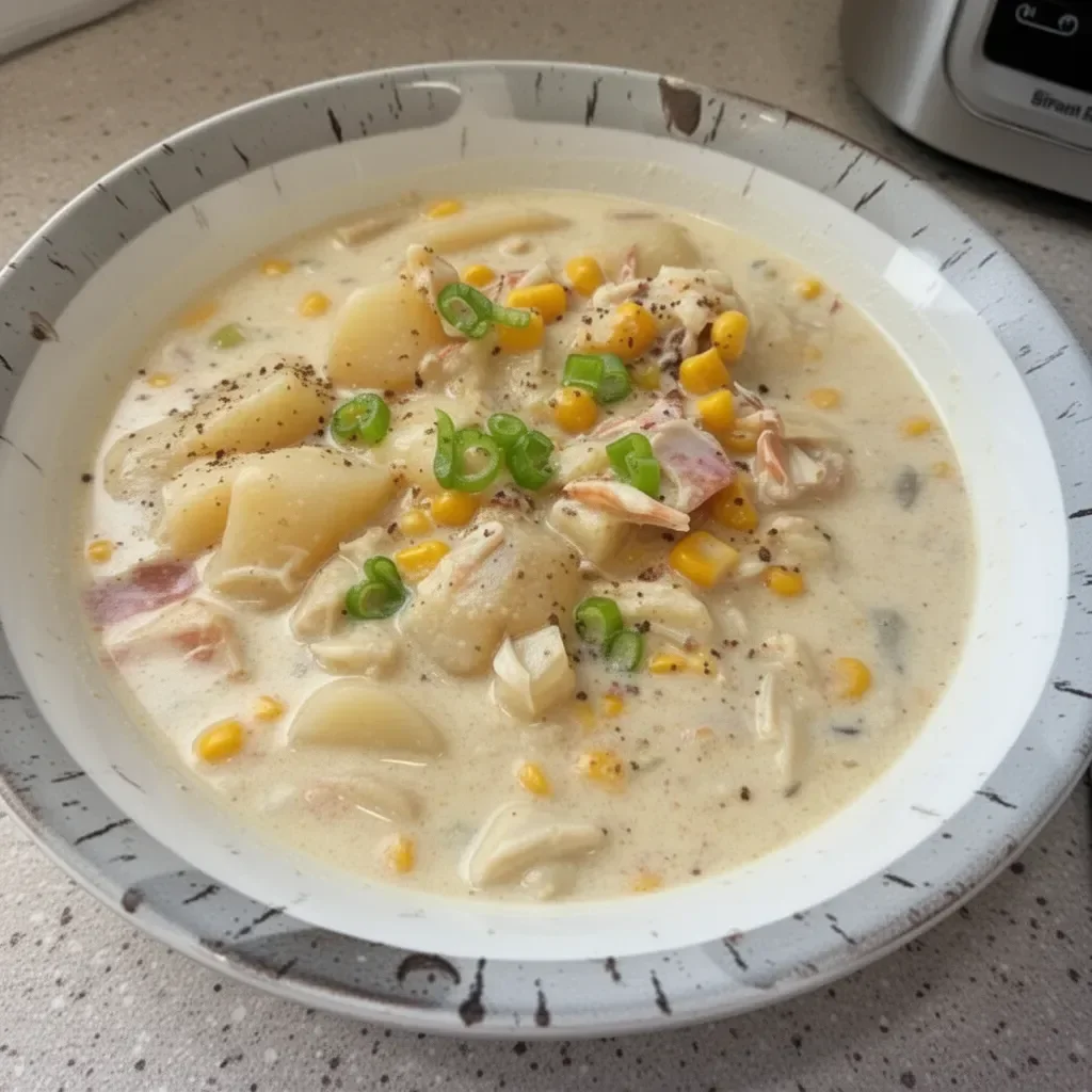 Delicious one pot crab and corn chowder served in a bowl.