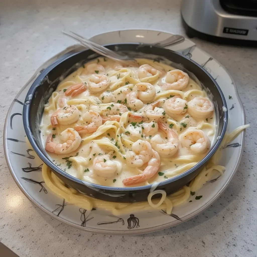 One Pot Shrimp and Crab Alfredo served in a bowl, garnished with parsley.