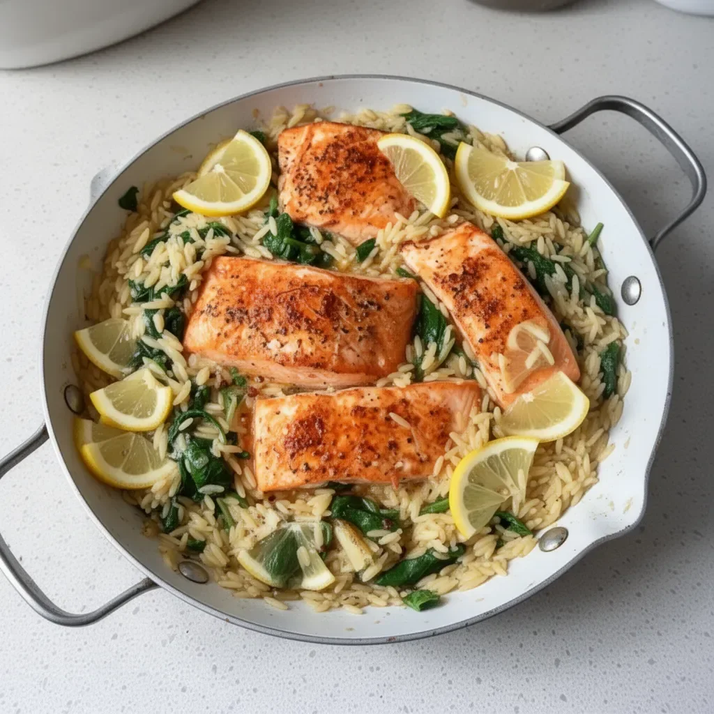One skillet salmon with lemon orzo served on a plate with fresh herbs.