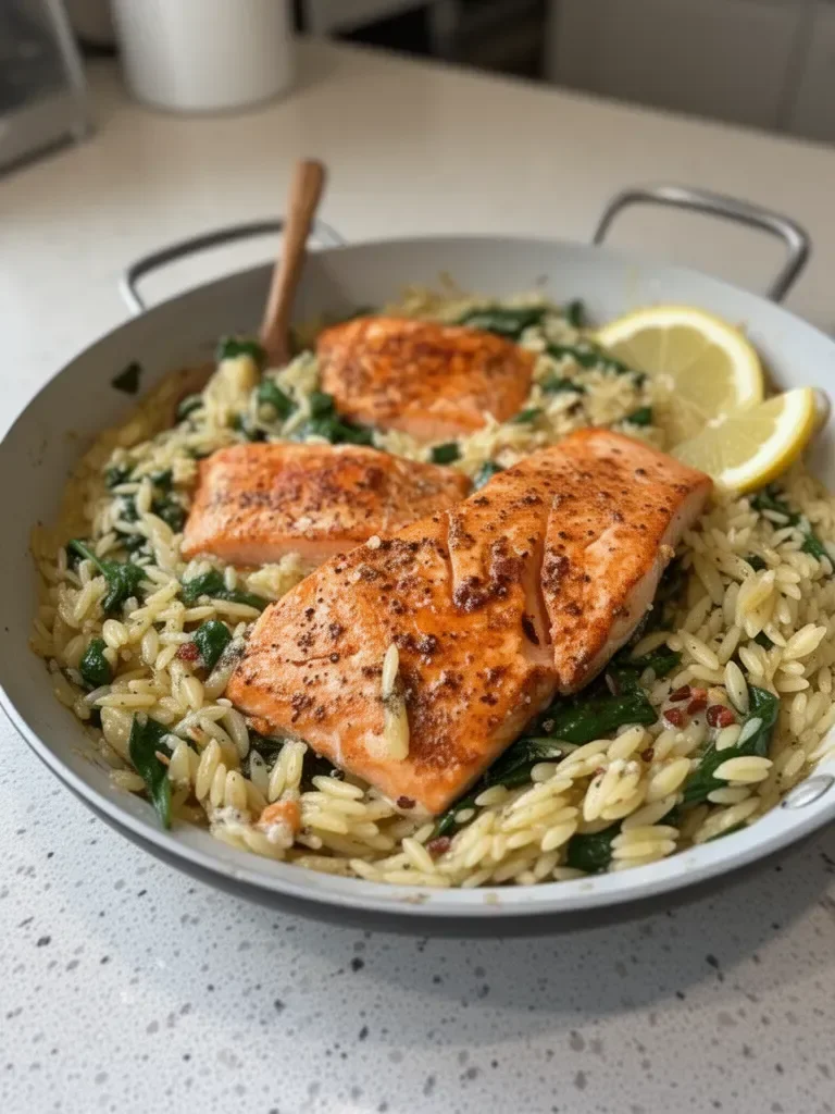 One Skillet Salmon with Lemon Orzo