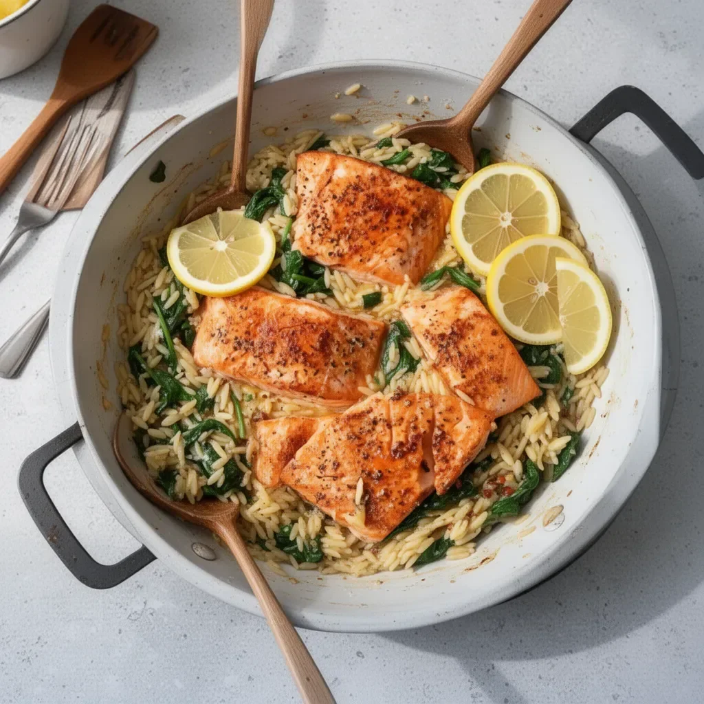 One skillet salmon dish served with lemon orzo on a white plate