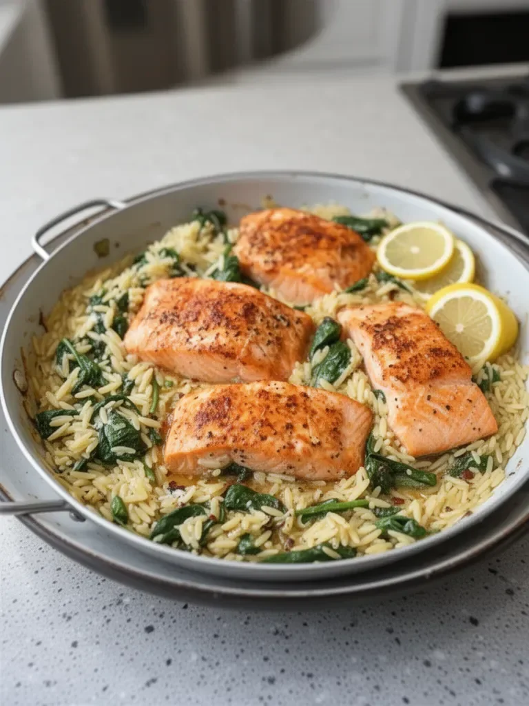 One Skillet Salmon with Lemon Orzo