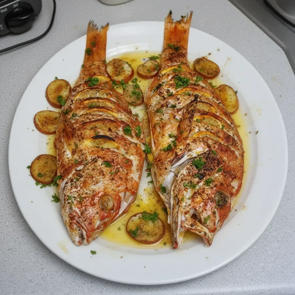 Oven baked whole yellowtail snapper garnished with herbs and lemon slices.