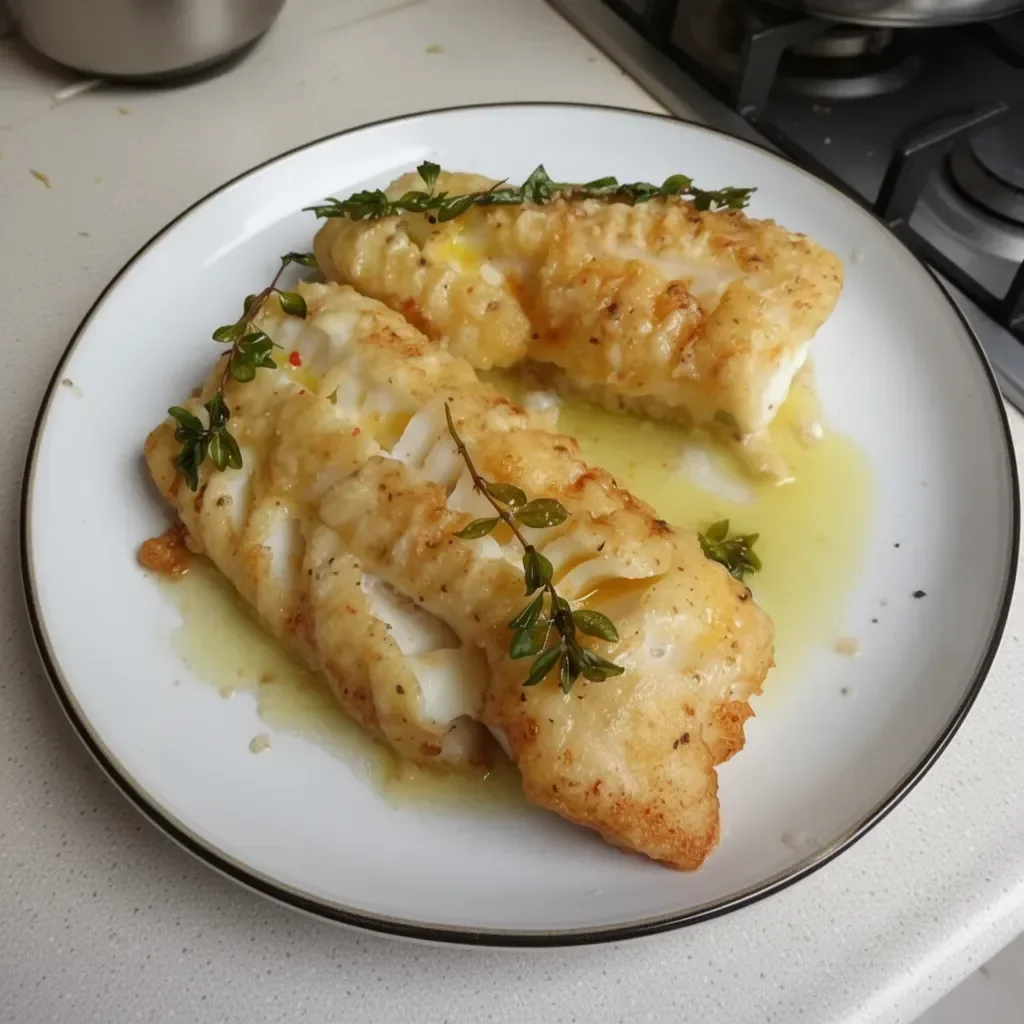 Delicious pan fried cod served with lemon and herbs