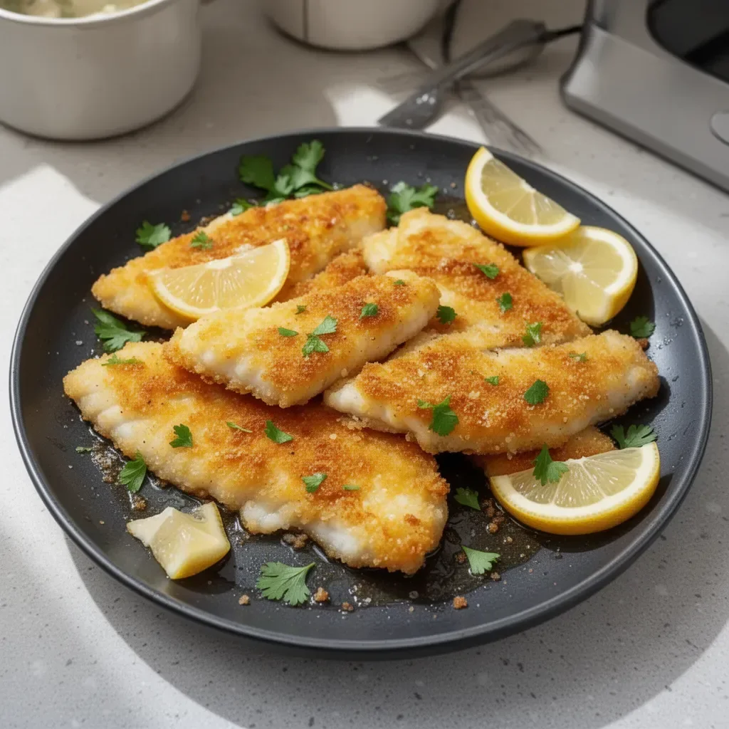 Crispy pan fried fish served with lemon and herbs