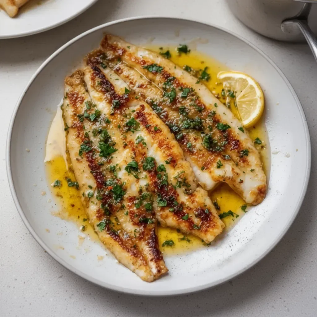 Pan-seared flounder with brown butter and lemon on a plate