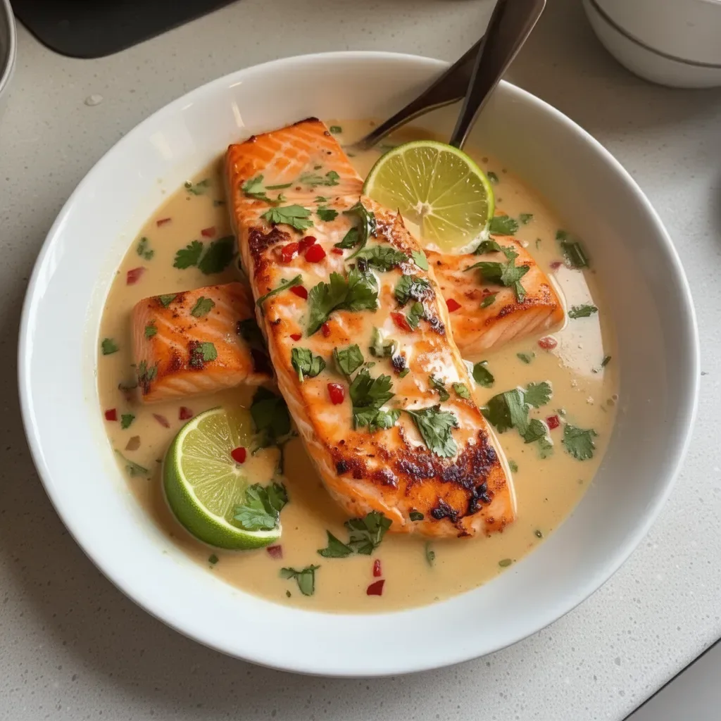 Poached salmon served with coconut lime sauce on a plate