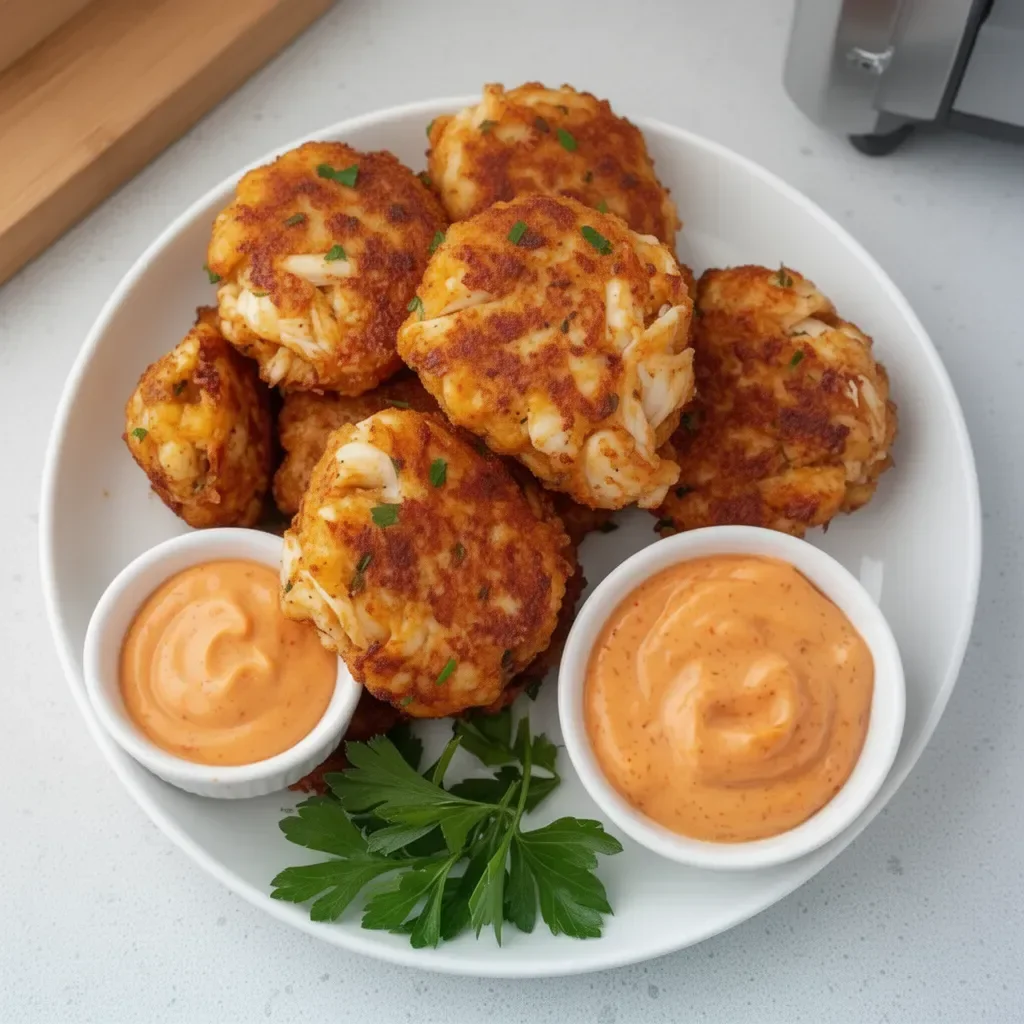 Quick air fryer crab cakes served on a plate with dipping sauce