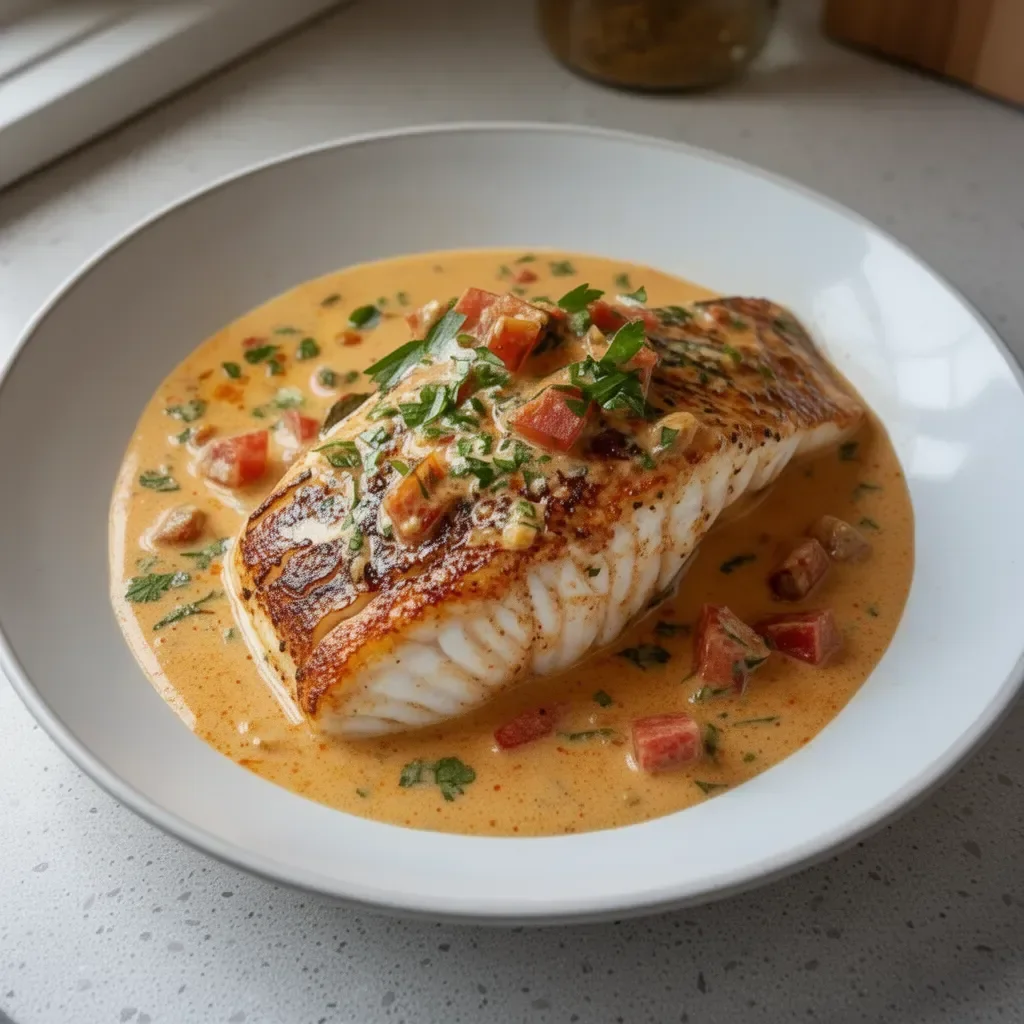 Delicious Red Snapper topped with Creamy Creole Sauce on a plate