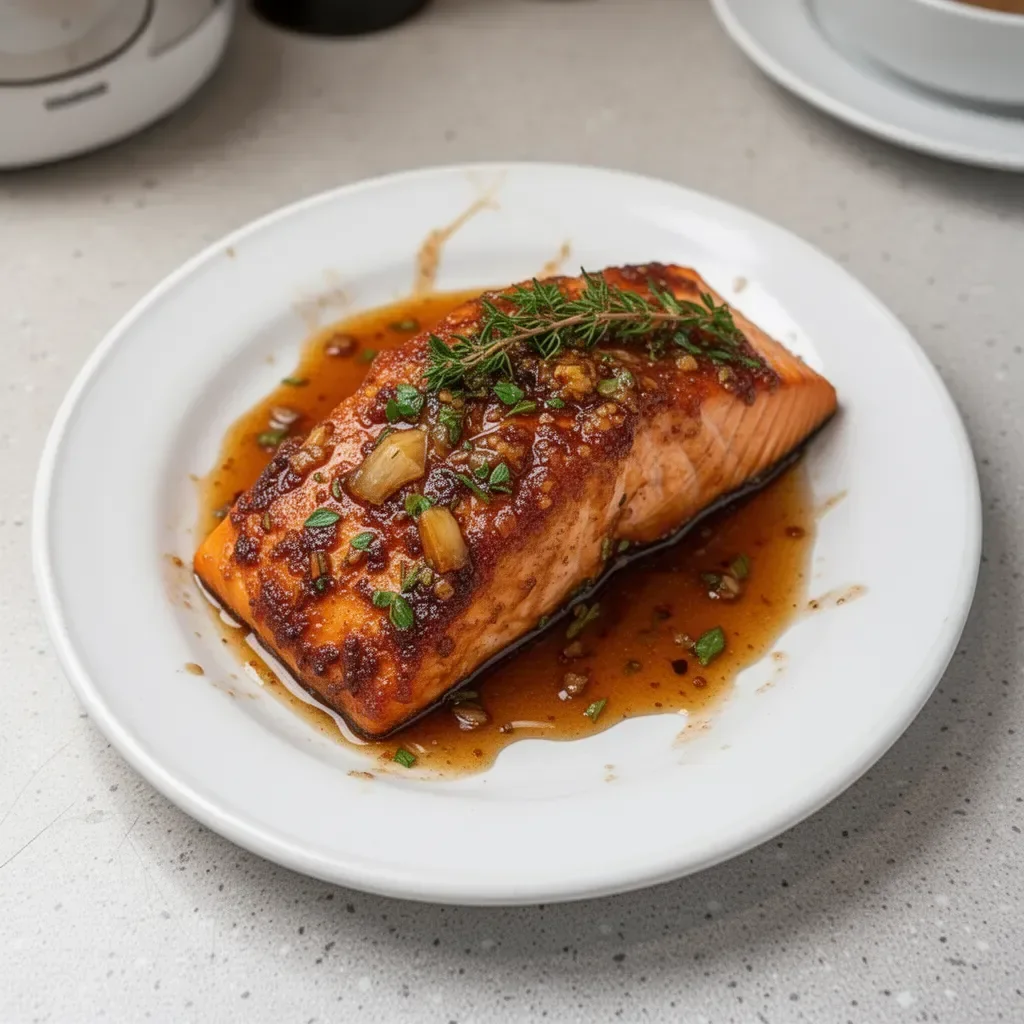 Delicious salmon fillet with brown sugar garlic glaze on a plate