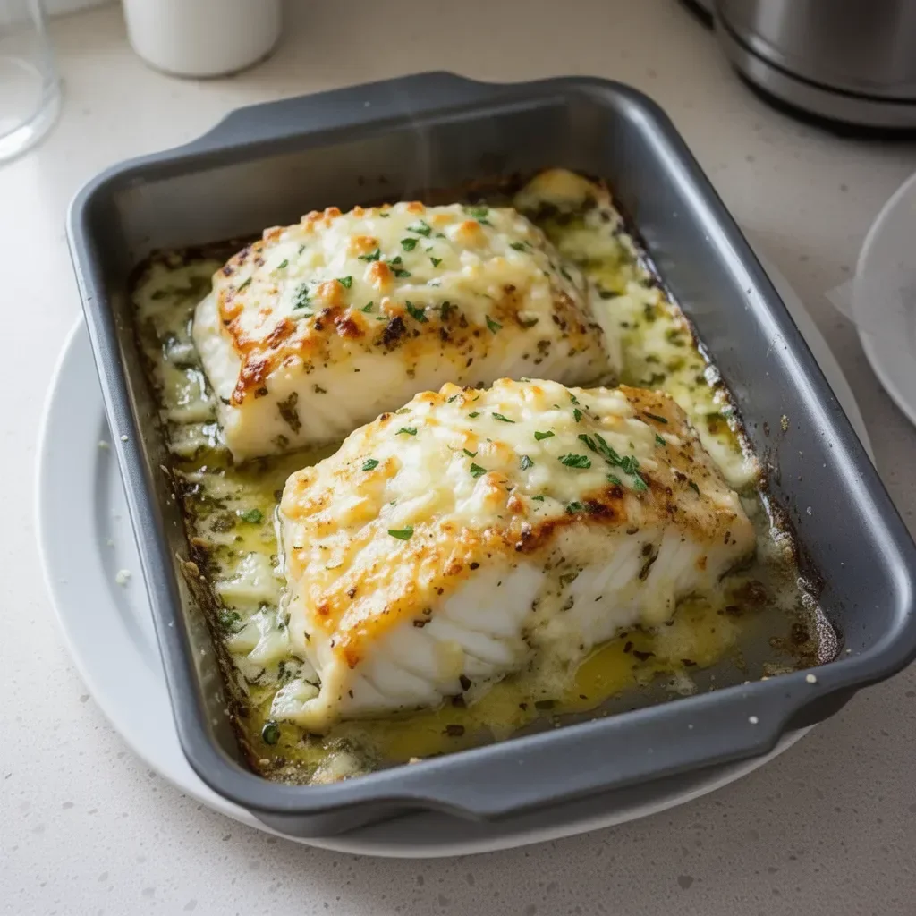 Savory Garlic Parmesan Baked Halibut with herbs and seasoning