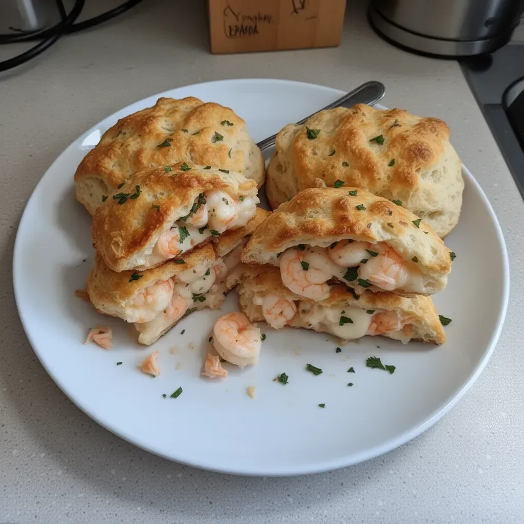 Savory shrimp and crab biscuit melts with cheese on a plate