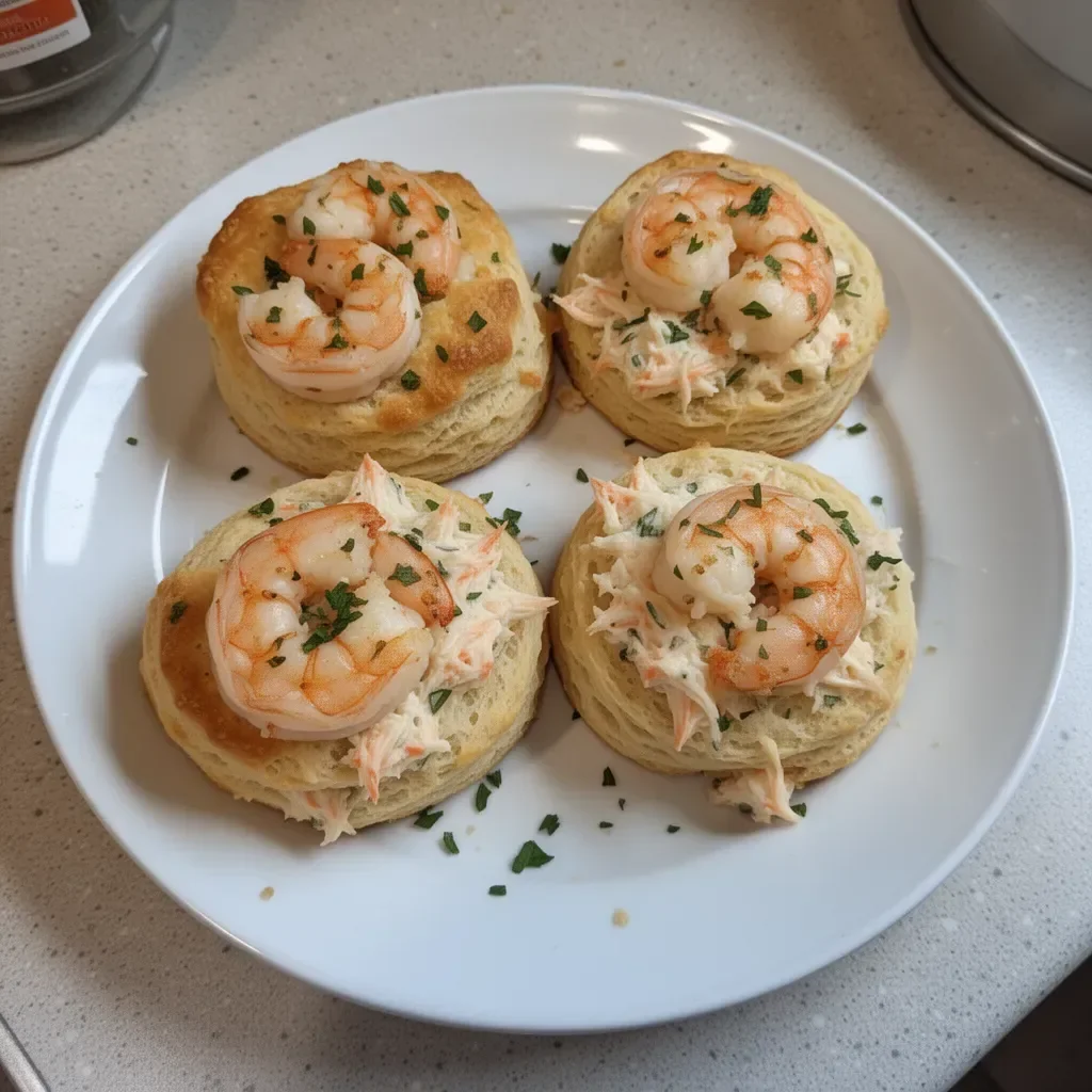 Savory shrimp and crab melts in flaky biscuits, a delicious seafood dish.