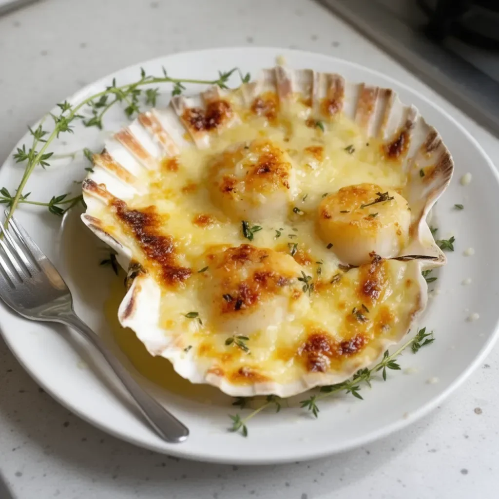 Baked Scallop Gratin served in a dish, featuring creamy sauce and breadcrumbs.