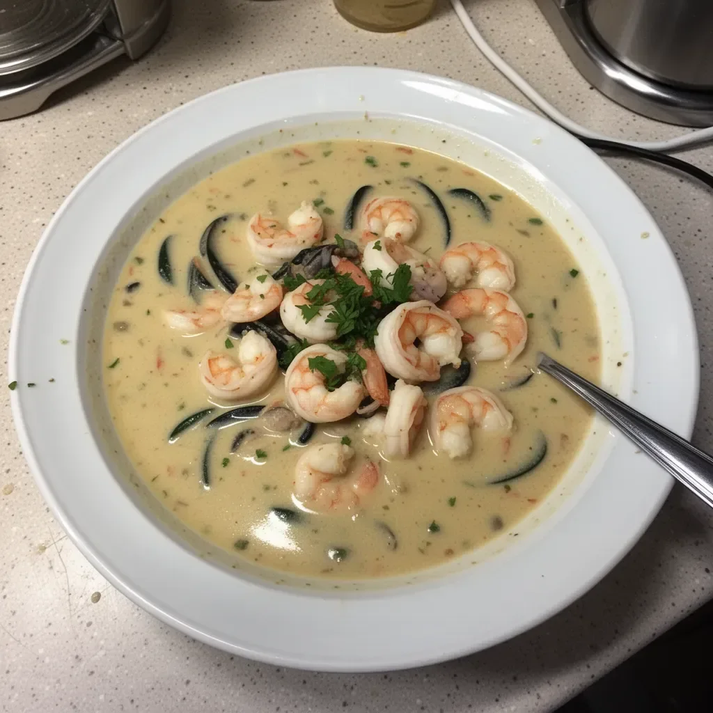 Bowl of creamy Seafood Bisque garnished with herbs and seafood delicacies
