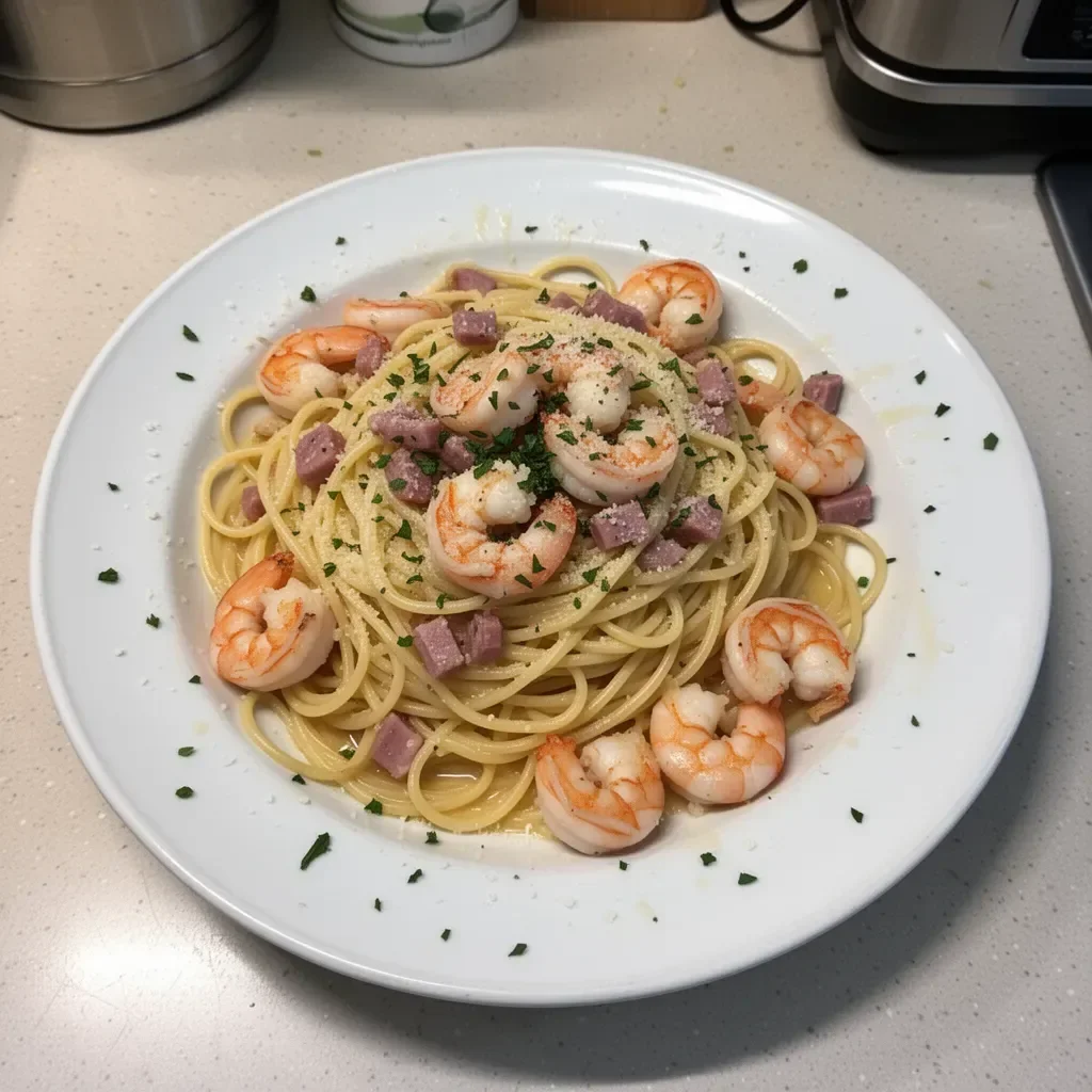Delicious Seafood Carbonara with shrimp and scallops in a creamy sauce