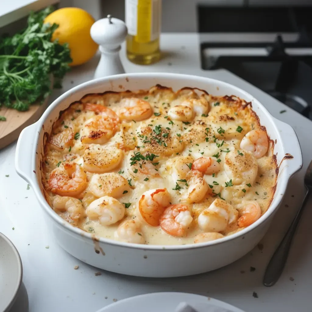 Delicious seafood casserole with shrimp and scallops in a creamy sauce