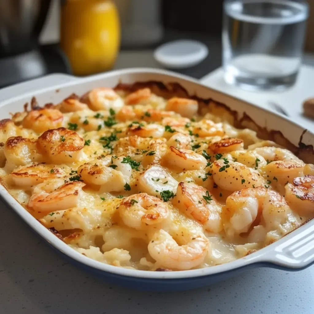 Delicious seafood casserole topped with cheese and herbs
