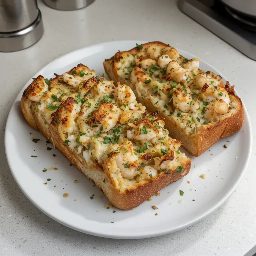 Delicious Seafood Garlic Bread topped with fresh seafood and garlic