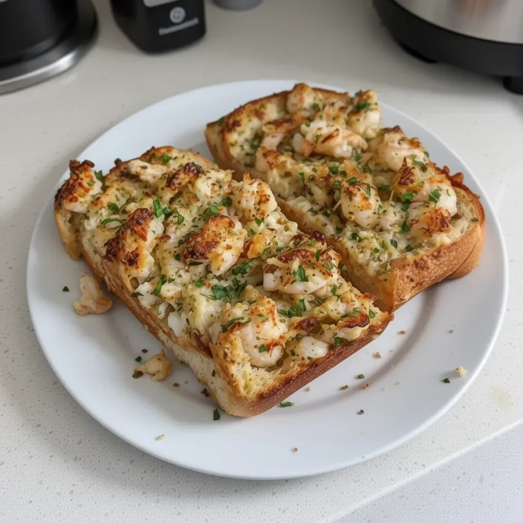 Delicious Seafood Garlic Bread topped with fresh seafood and garlic butter.