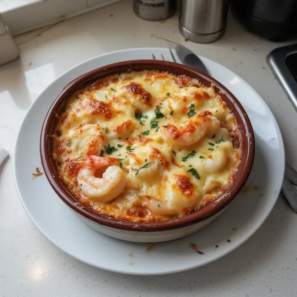 Deliciously baked seafood gratin topped with golden cheese