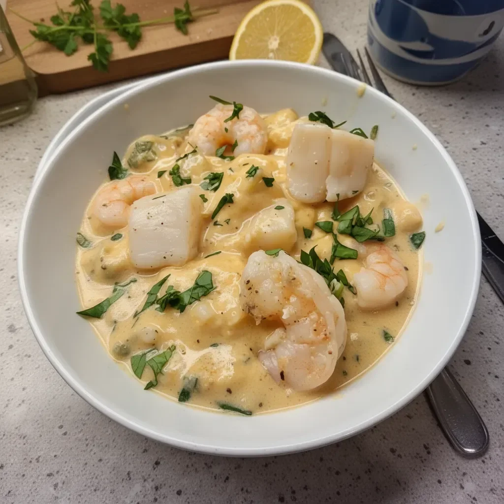Delicious Seafood Newburg featuring shrimp, lobster, and scallops in creamy sauce.