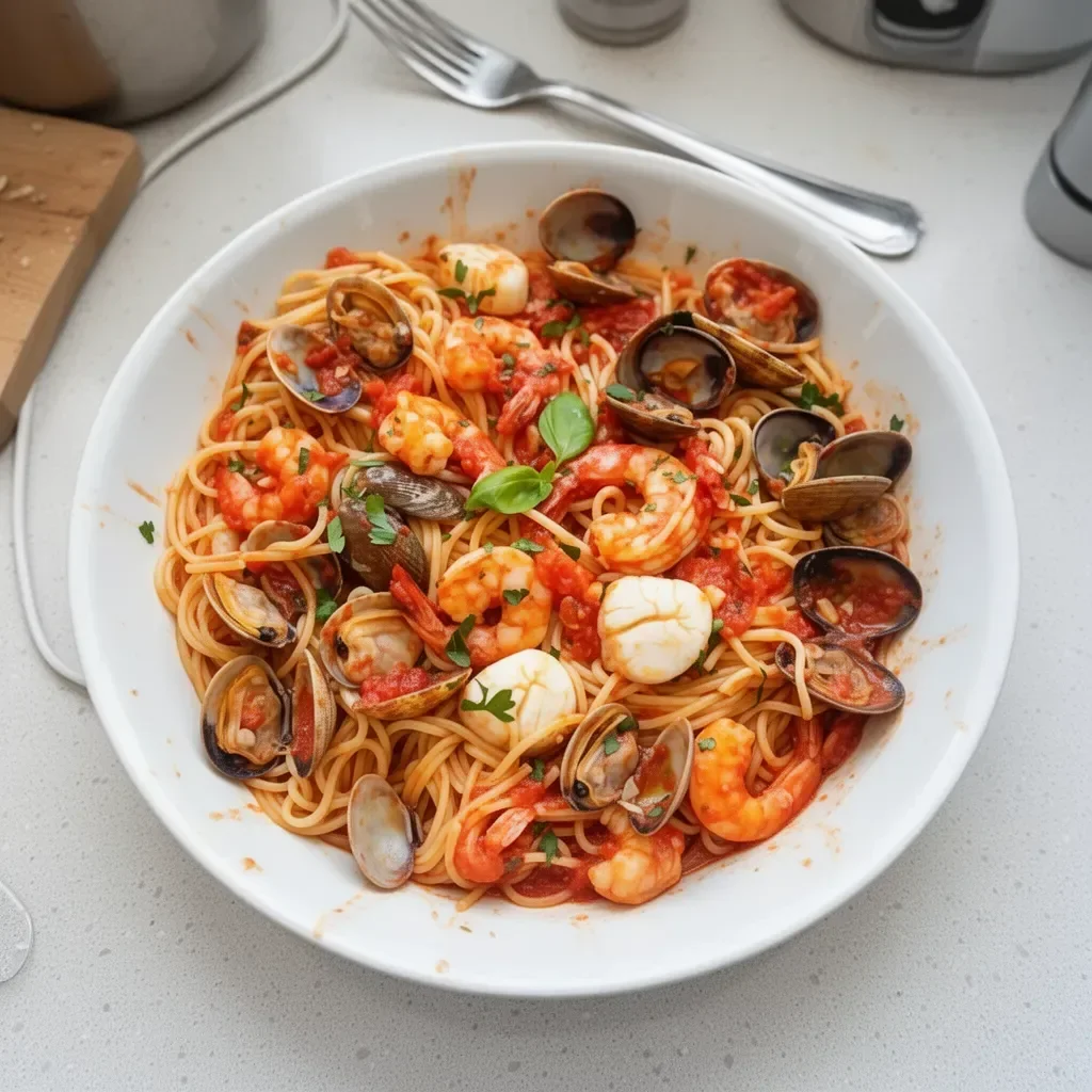 Delicious seafood pasta dish with shrimp, calamari, and a creamy sauce
