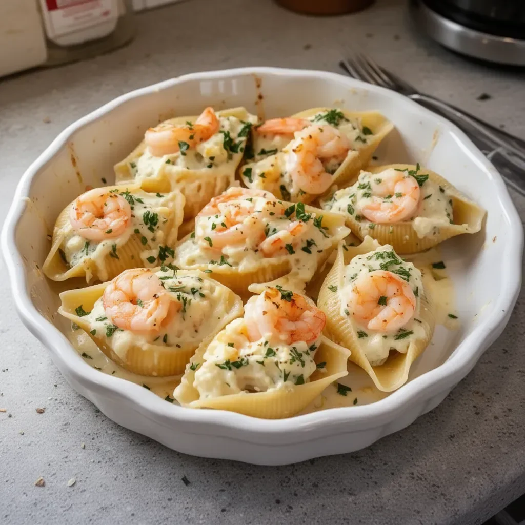 Baked Seafood Stuffed Shells filled with shrimp and crab on a plate