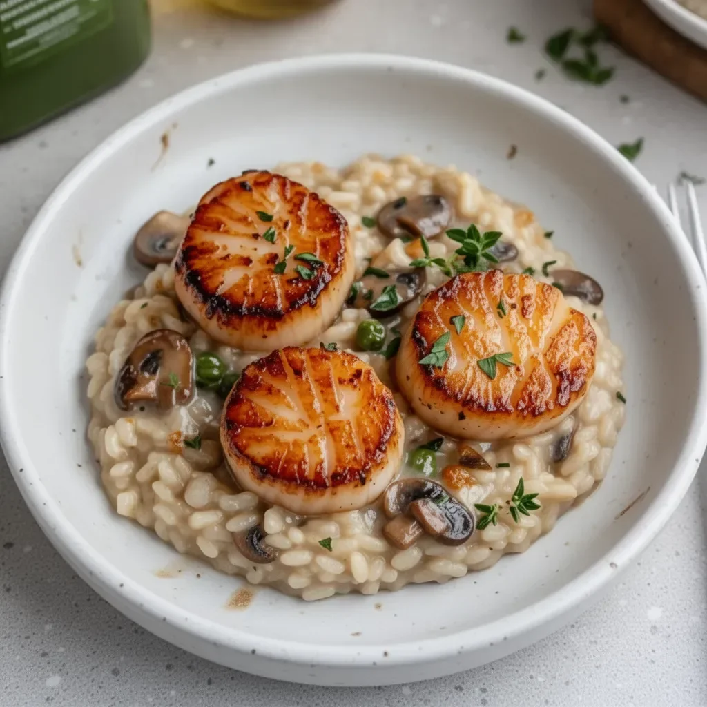 Delicious seared scallops atop creamy mushroom risotto, garnished elegantly.