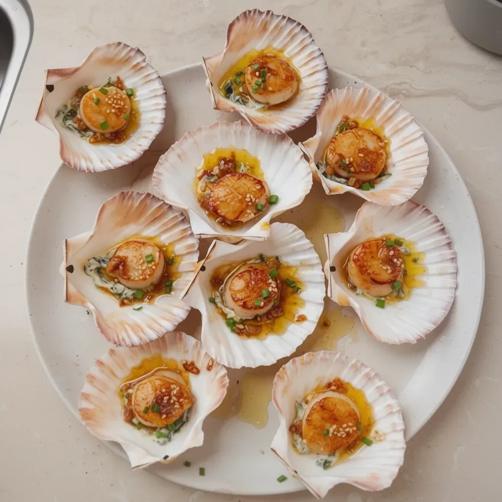 Delicious seared scallops garnished with yuzu garlic butter sauce.
