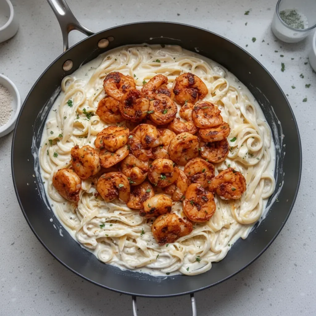 Creamy Shrimp Alfredo pasta with succulent shrimp and Parmesan cheese