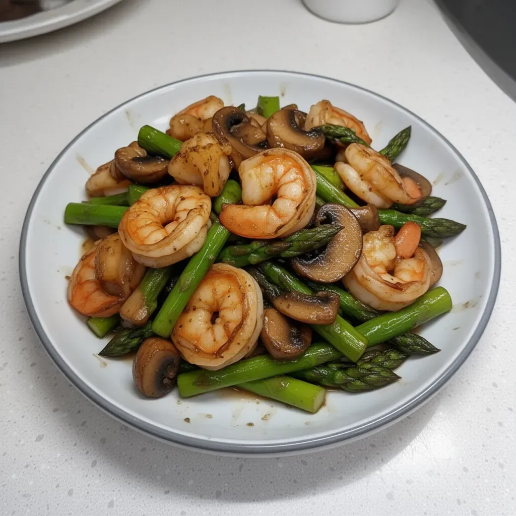 Colorful shrimp stir-fry with asparagus and mushrooms on a plate